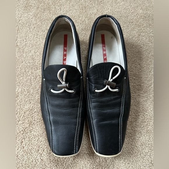 Vintage PRADA Leather Loafers Black/White Size 39 - Picture 2 of 7